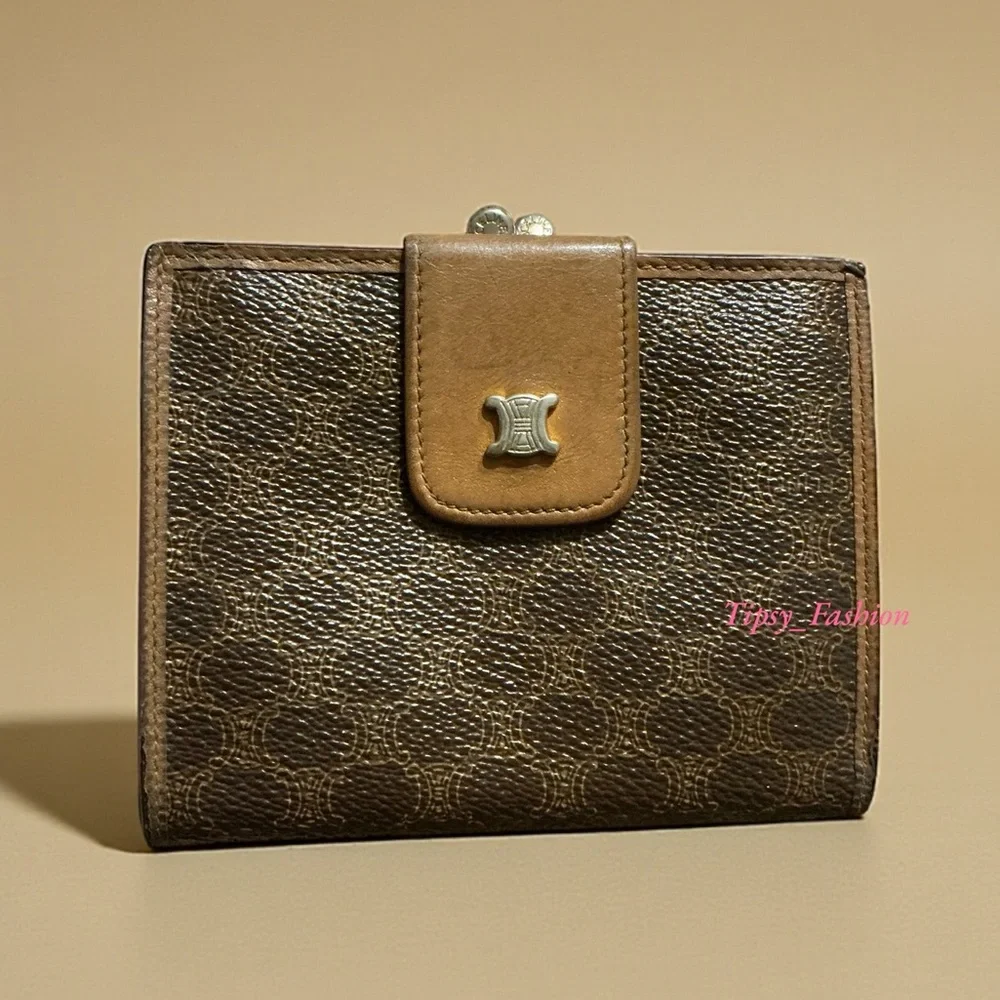 Vintage Celine Macadam Kisslock Compact Wallet Brown Monogram Canvas